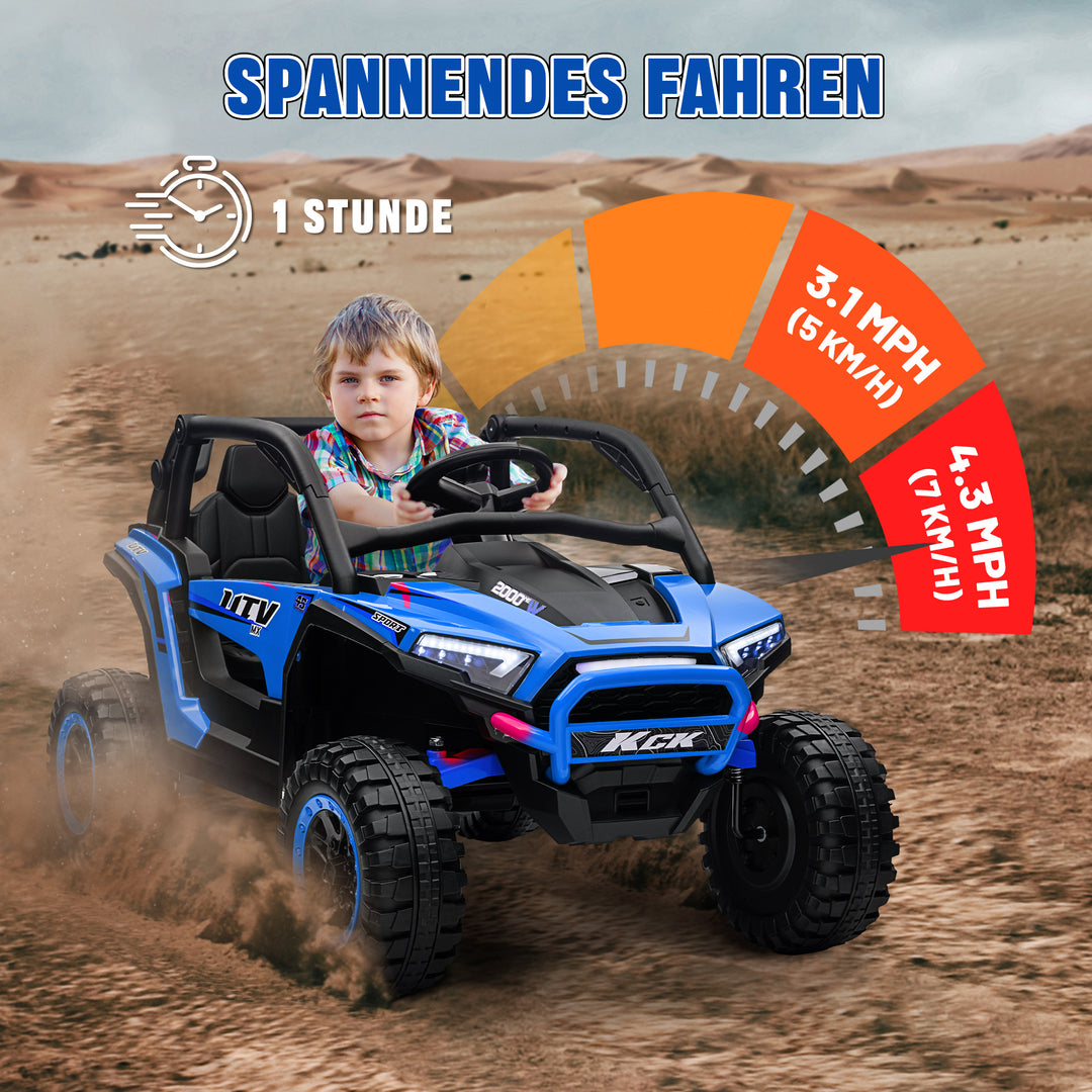 Elektrisk børne-UTV, 5-7 km/t, 2-personers, fjernbetjening, musik, lys, 1 times køretid, blå