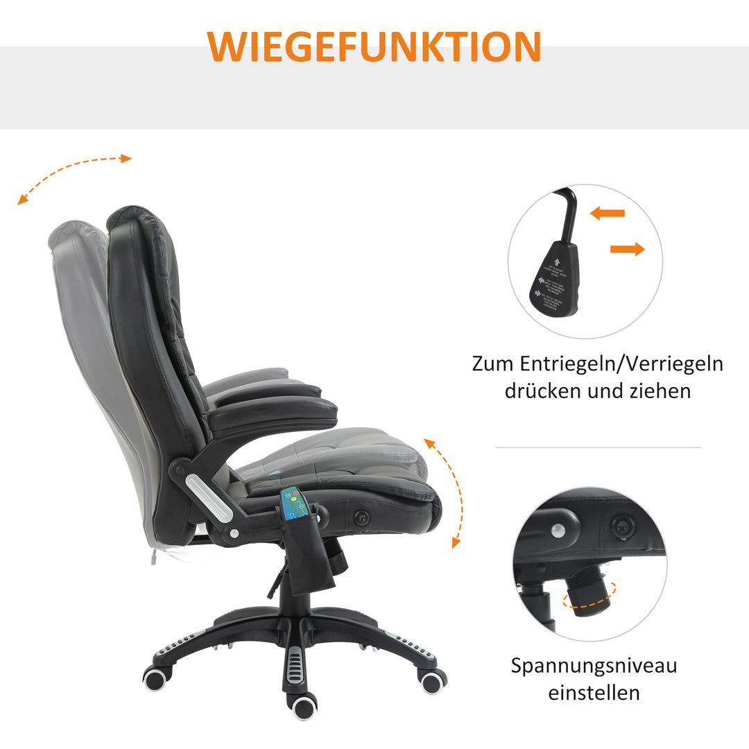 Massage kontorstol, executive chair med 6-punkts vibrationsmassage og varmefunktion, drejelig gamingstol, kunstlæder, 70 x 70 x 111-121 cm, sort
