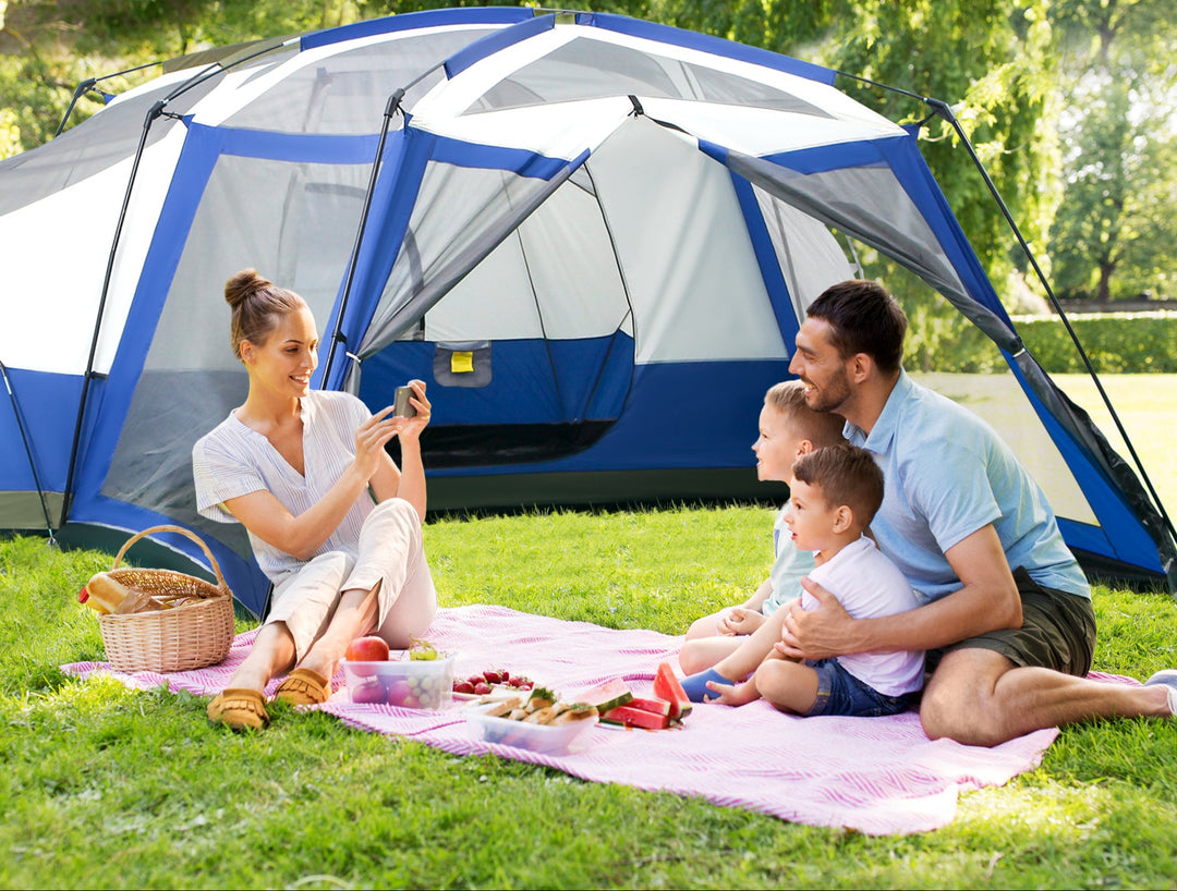 Campingtelt 6-8 personers telt familietelt med forhal, glasfiber, blå, 518 x 487 x 237 cm