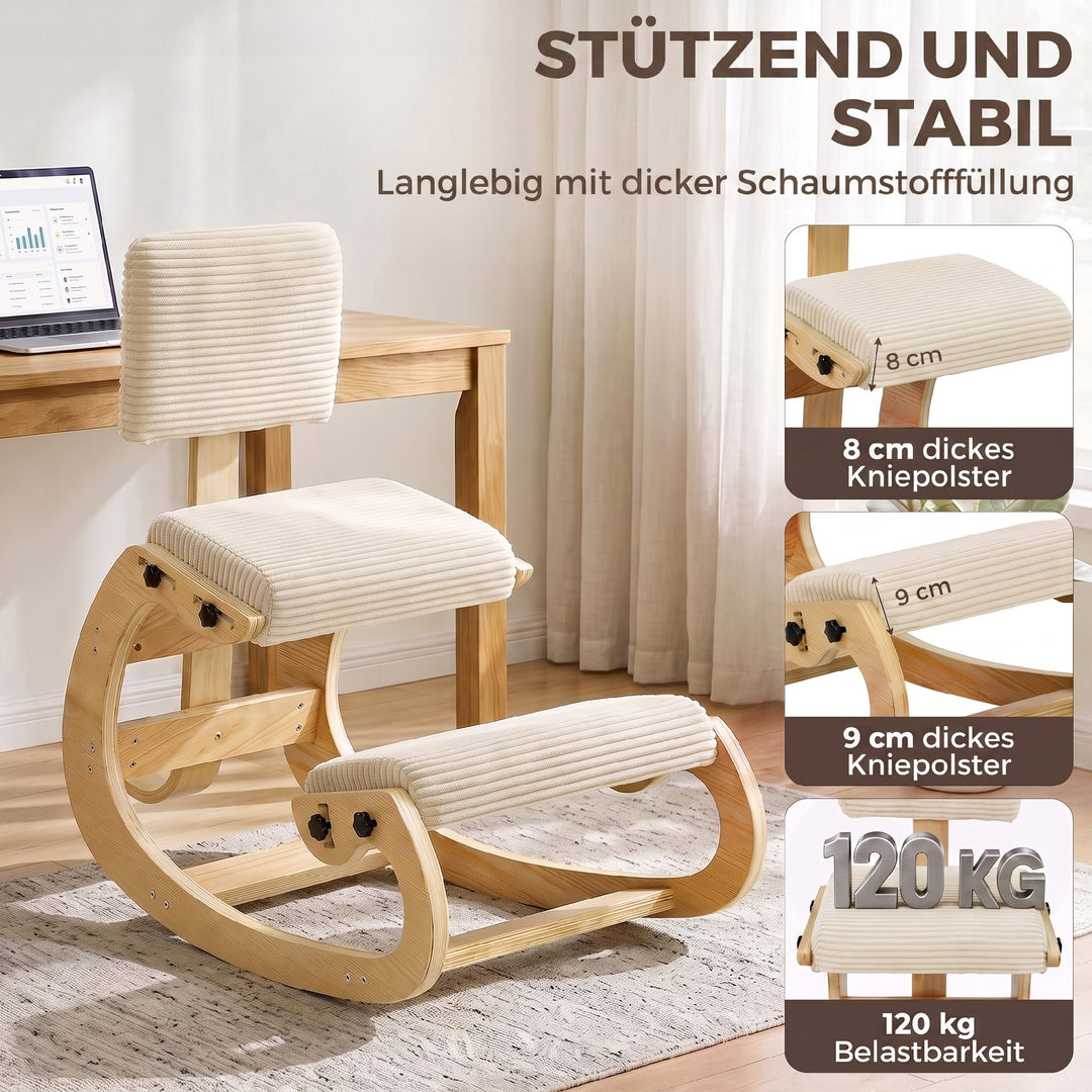 Ergonomisk knælestol med ryglæn, corduroy-look, cremehvid