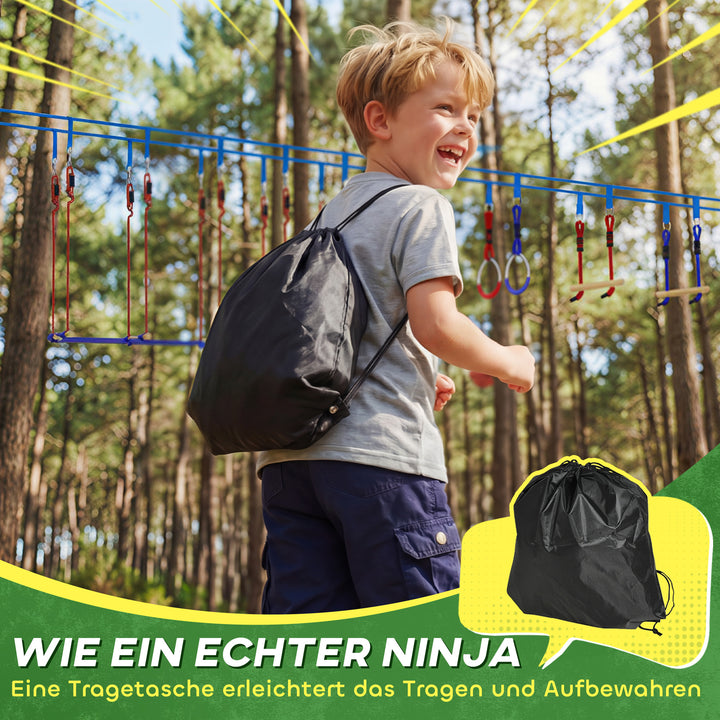 Ninja Line Kids 24m Slackline-sæt med gymnastikringe, 7 forhindringer, klatrestang og balancebro til alderen 3-6