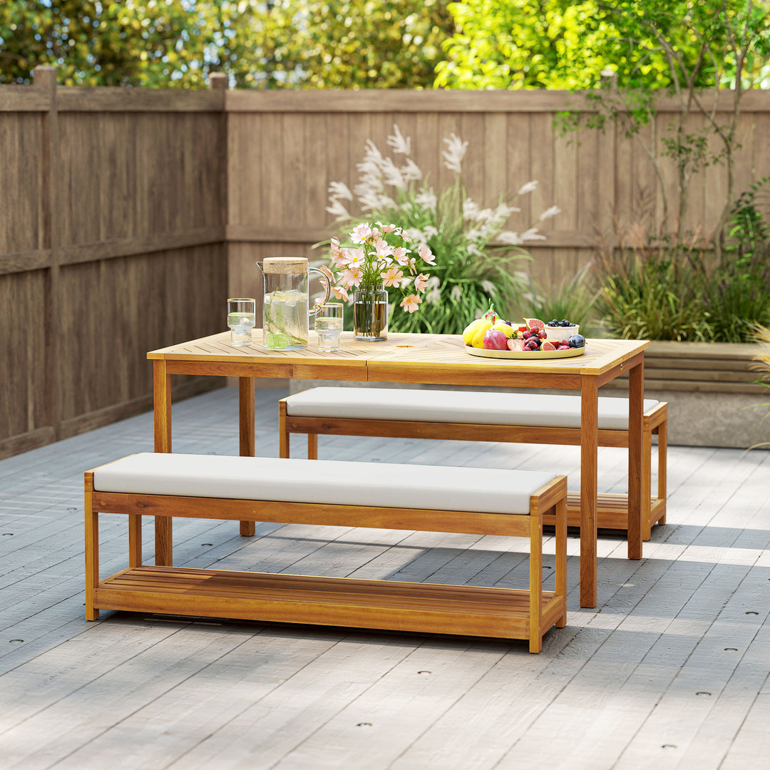 3-Delt havemøbelsæt, siddemøbelsæt inklusive 1 spisebord med parasolhul, 2 bænke 150 x 85 x 75 cm teaktræ