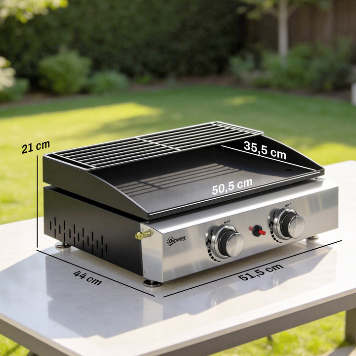 5 kW gasgrill, bærbar bordgrill med 2 brændere, keramisk belægning, grillrist, varmeplade