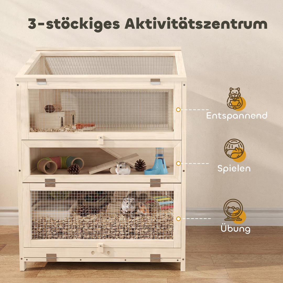 Hamsterbur i træ, 3 niveauer, gnaverbur, bur til små dyr med hytter, vipper, ramper, vandskåle, 68 x 61,5 x 90 cm, naturtræ