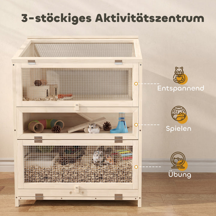 Hamsterbur i træ, 3 niveauer, gnaverbur, bur til små dyr med hytter, vipper, ramper, vandskåle, 68 x 61,5 x 90 cm, naturtræ