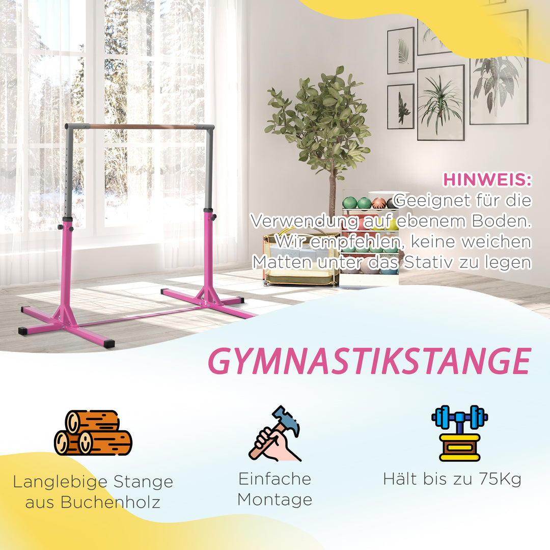 Gymnastikstang til børn, højdejusterbar vandret stang, vandret stang til indendørs og udendørs brug, lavet af træ og robust stålkonstruktion, lasteevne op til 75 kg, til børn fra 3 år, lyserød