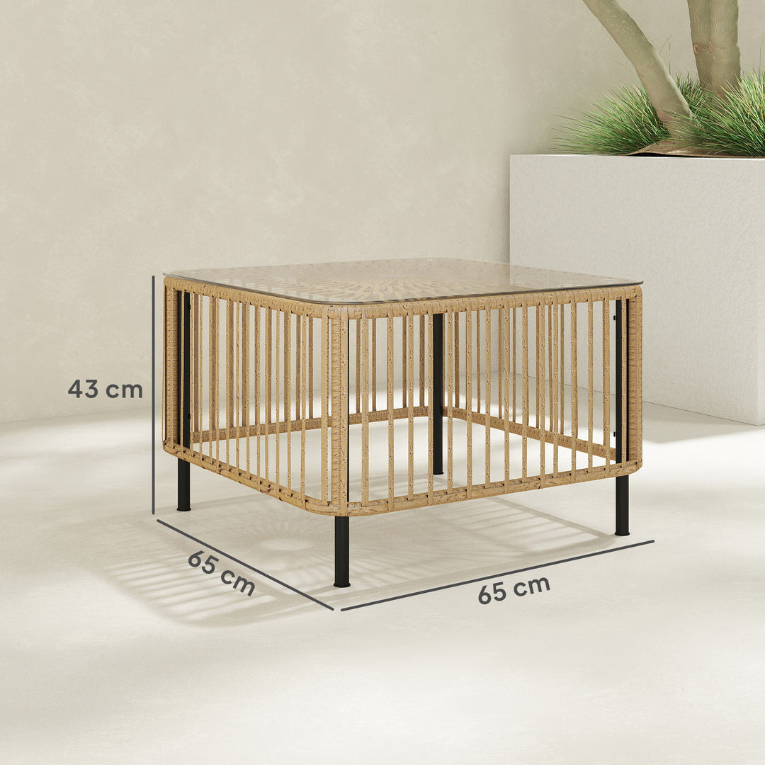 Havebord i polyrattan, 65 x 65 x 43 cm, vejrbestandigt sidebord firkantet med glasplade i naturtræ