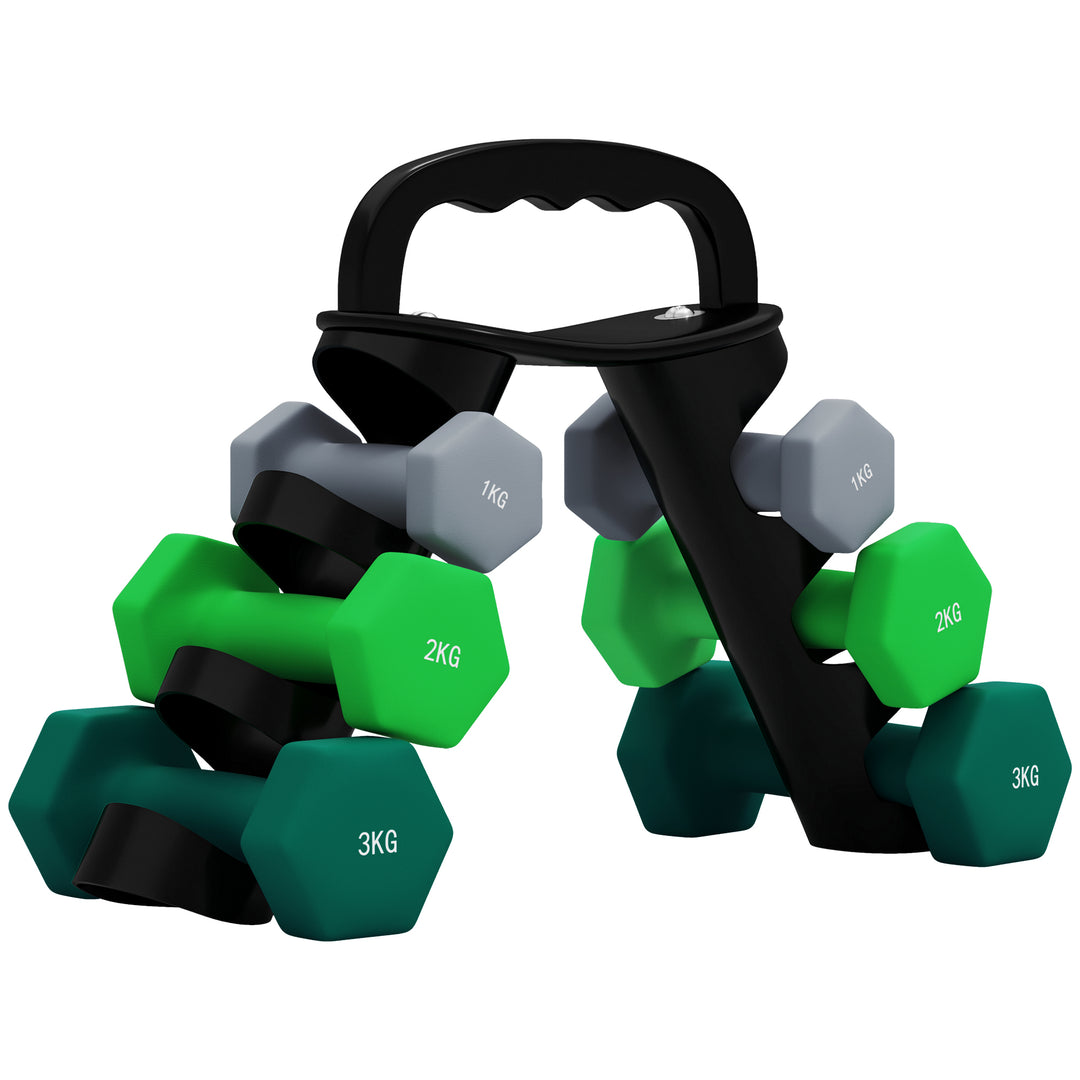 Håndvægtsæt med opbevaringsstativ, sæt med 6 håndvægte til fitnesstræning, 2 x 1 kg, 2 x 2 kg, 2 x 3 kg