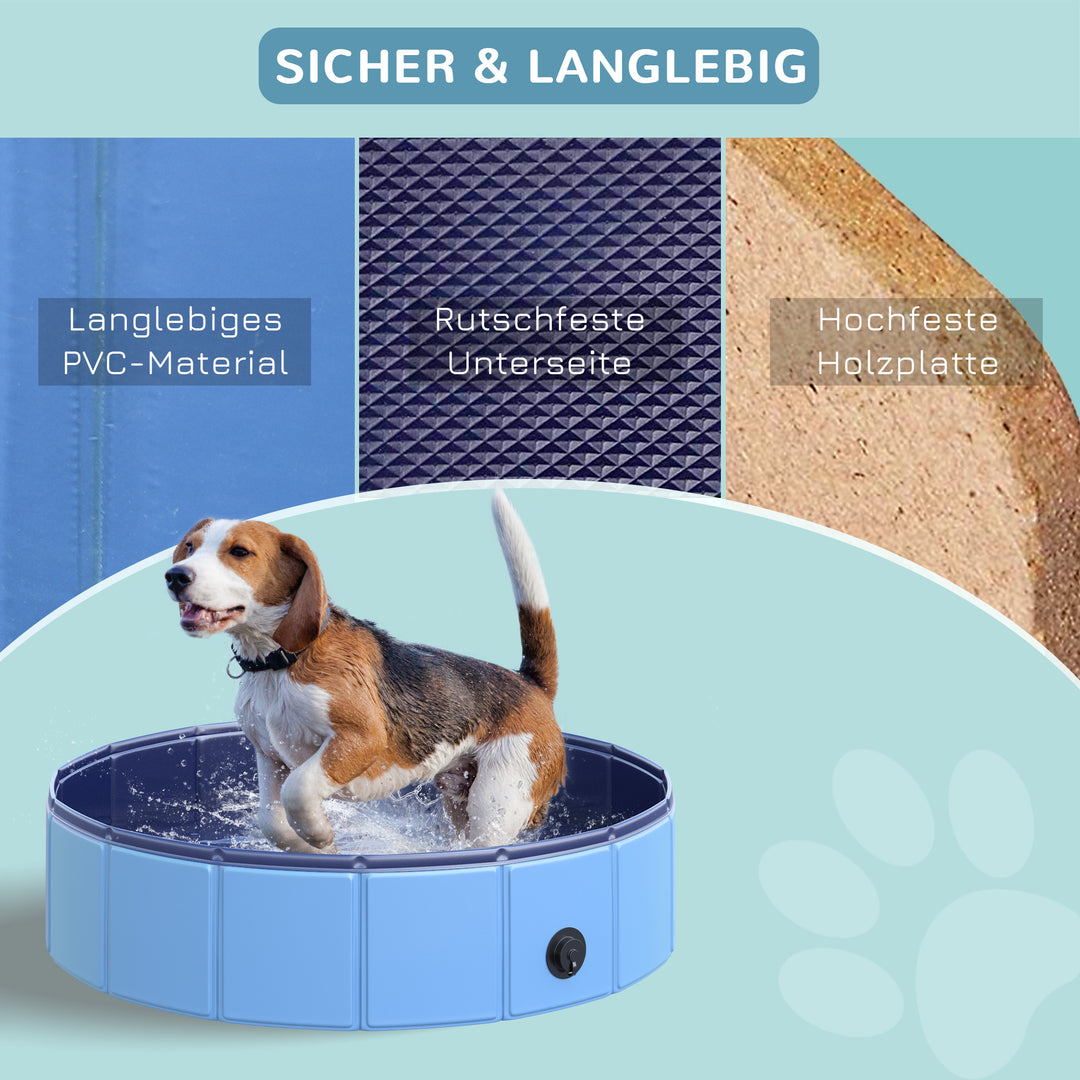 Sammenklappeligt hundebadekar, hundepool, swimmingpool, børnepool, badekar til hunde og katte, vandbassin af plastik og træ, Ø80 x H20 cm, blå