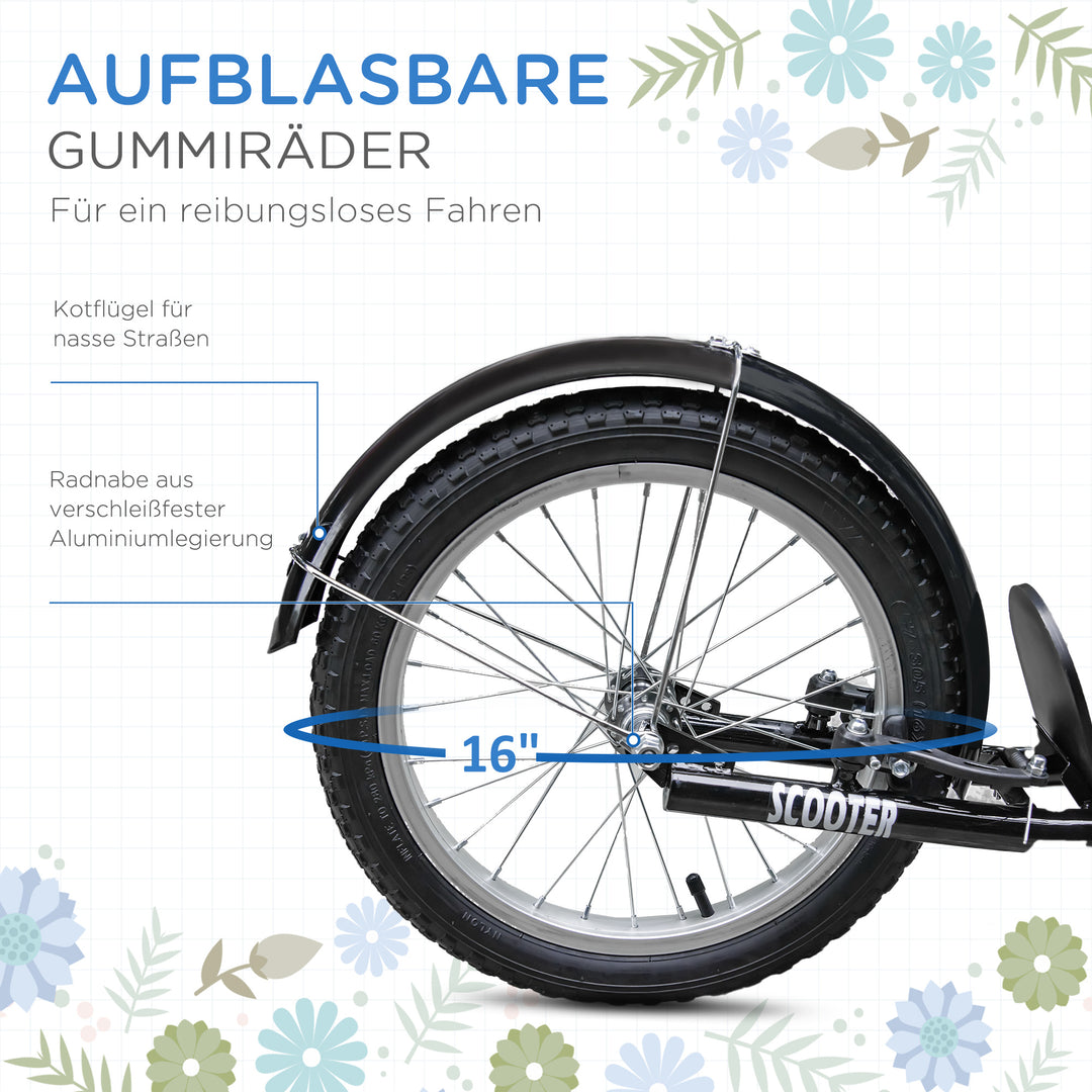 Børnescooter, løbehjul med bremse, inklusive kurv, højdejusterbar, til børn 5-12 år, blå+sort