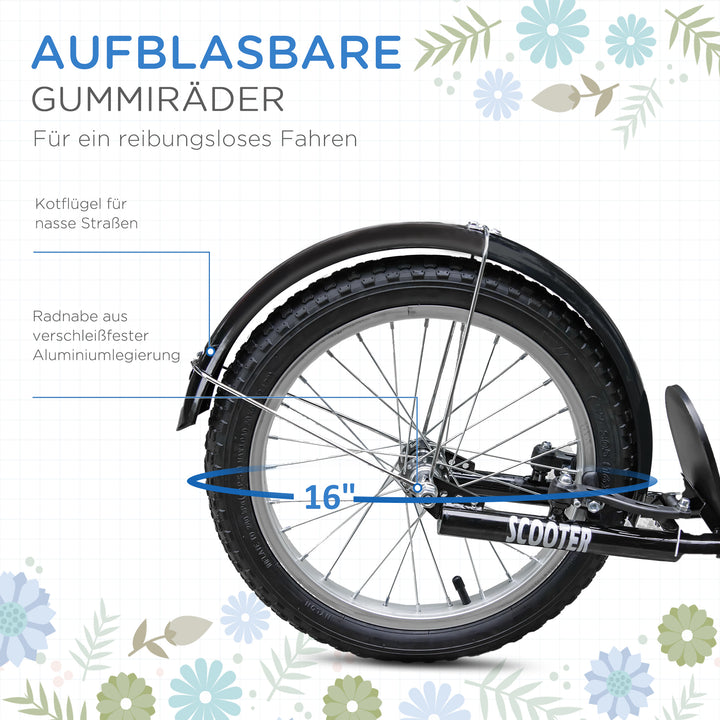 Børnescooter, løbehjul med bremse, inklusive kurv, højdejusterbar, til børn 5-12 år, blå+sort