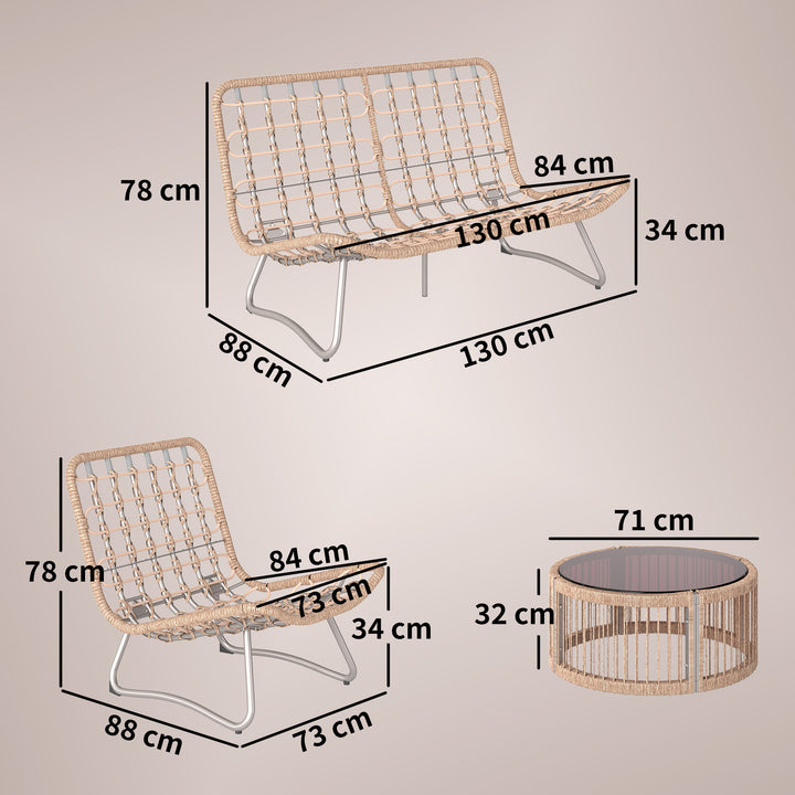 4-delt havemøbelsæt, polyrattan loungesæt med to personer, 2 lænestole, glasbord, bredt og dybt sæde, tykke hynder