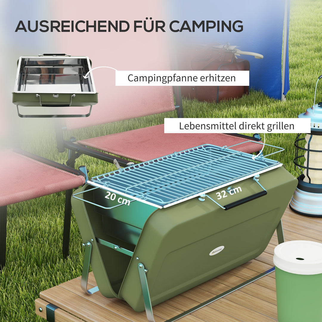 Bærbar kulgrill, mini-kulgrill, foldbar, med kulbakke og askeopsamler, metalhus, grøn