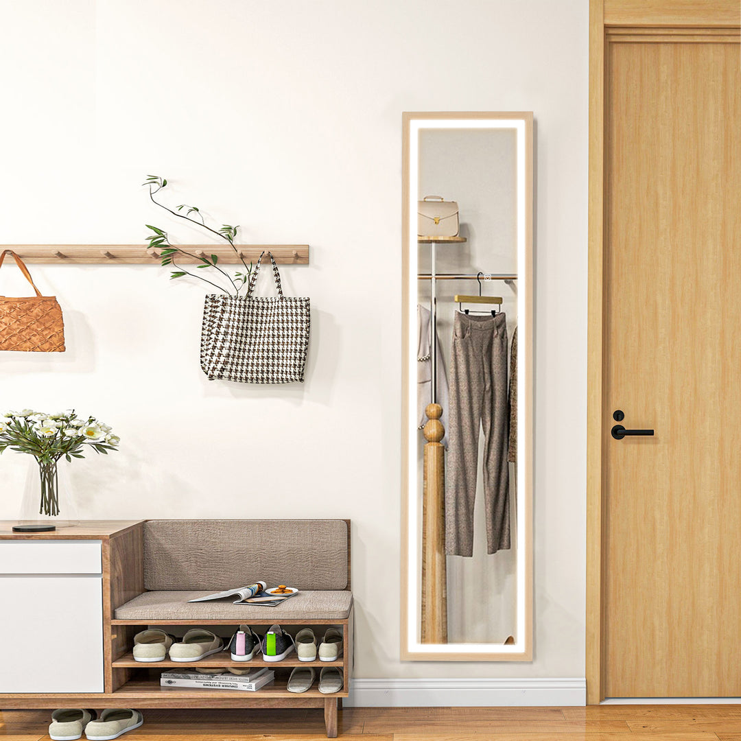 Led spejl i fuld længde, 40 x 160 cm, touch-betjening, dæmpbar, 3 farver, eg