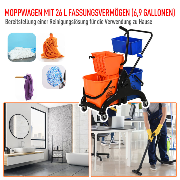 Rengøringsspand, moppespand, rullebar, 26 liter, plast, metal, orange