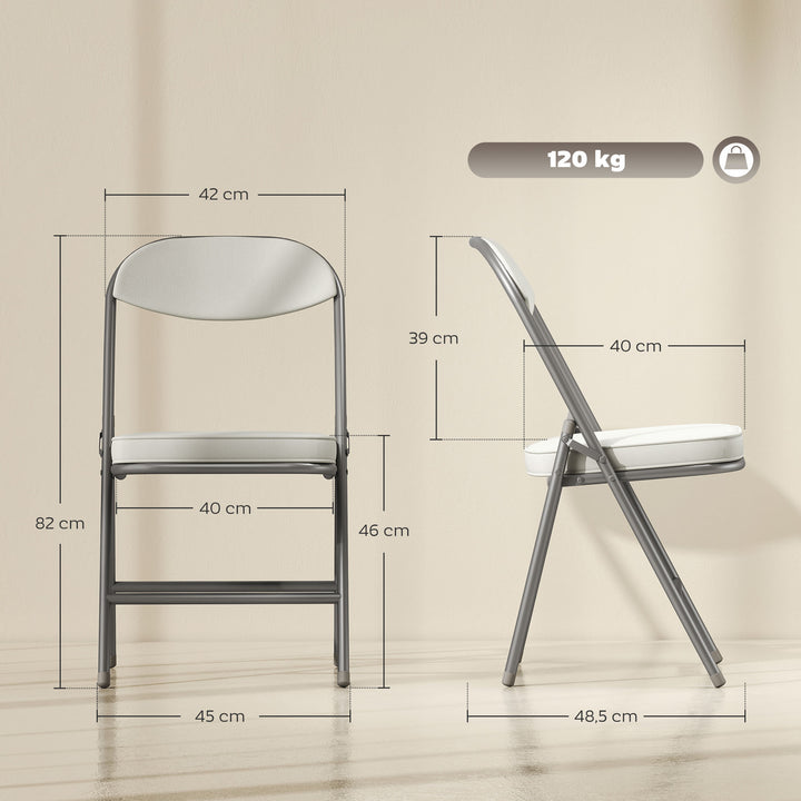 Sæt med 4 polstrede klapstole, klappelige stole med fløjlsbetræk, ryglæn, metalstel, cremehvid