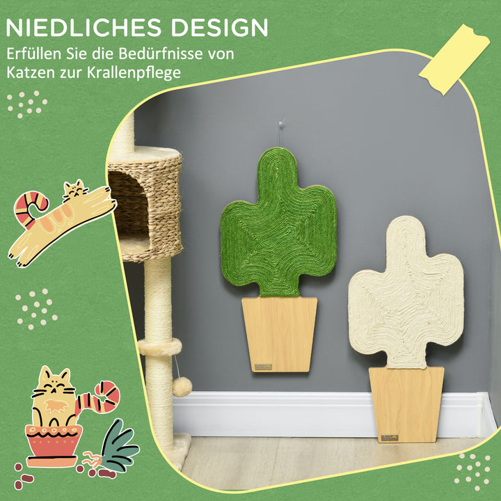Sæt med 2 kradsetræer, kaktusdesign, vægmonteret, 30 cm x 60 cm, eg + hvid + grøn