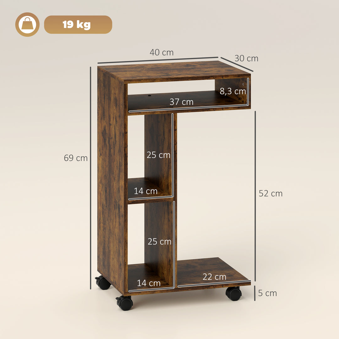 Sidebord, C-formet serveringsvogn, 4 hjul, 3 rum, 40 x 30 x 69 cm, rustik brun