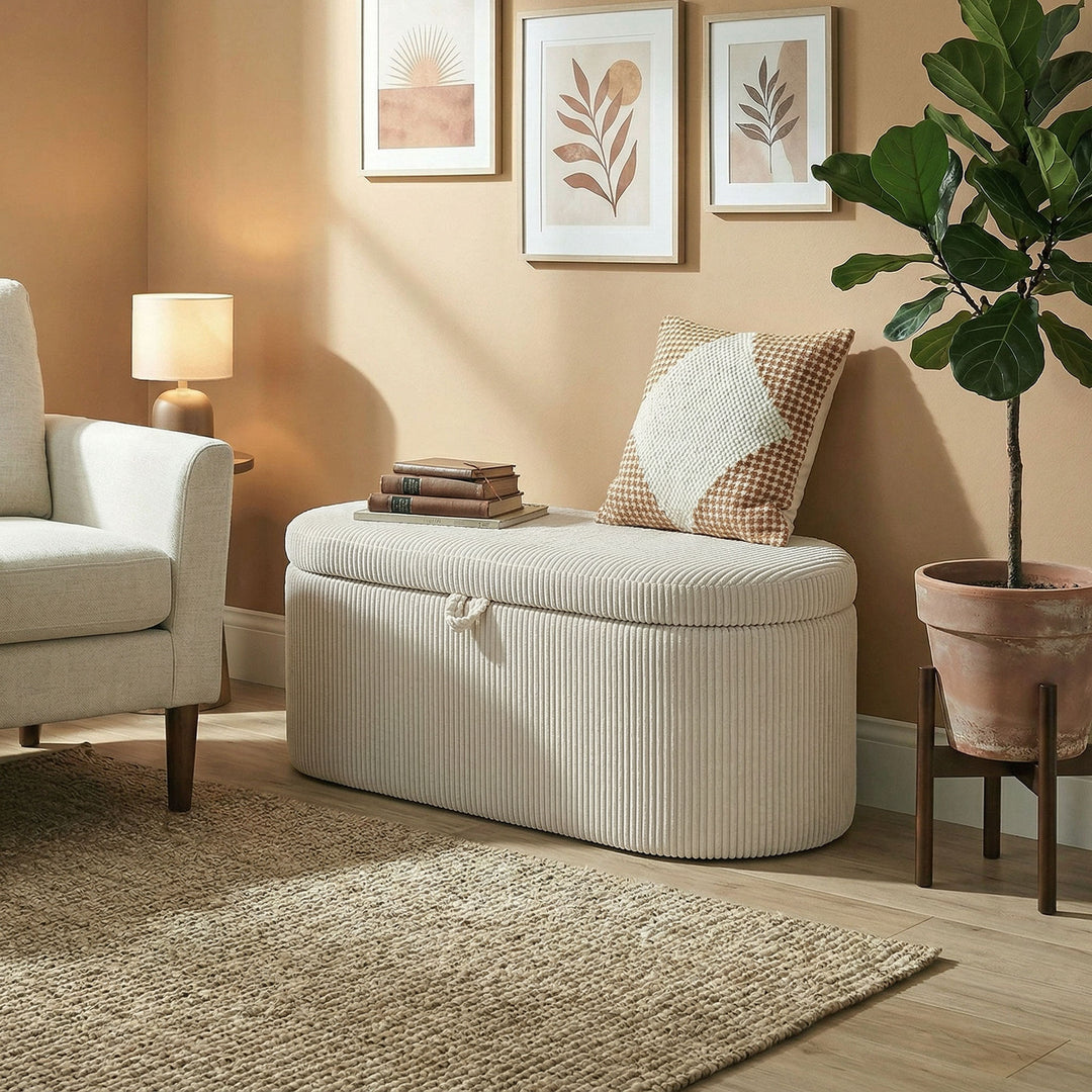 Puf med opbevaring, fløjlspolstring med polstret sæde, bænk ved foden af sengen, 105 x 51 x 49 cm, beige