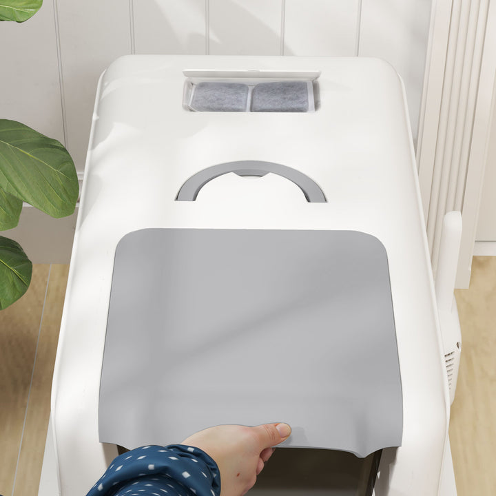 Kattebakke, bakke i rustfrit stål, filter, ske, til katte op til 6 kg, 40,5 x 60,5 x 41,5 cm, hvid/sølv