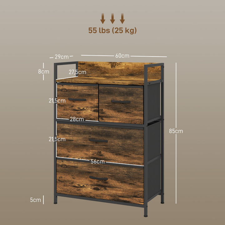 Kommode, skænk, 4 stofskuffer, industrielt design, 60x29x85cm, brun/sort