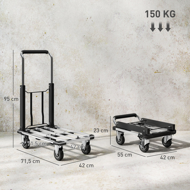 Sammenklappelig sækkevogn, 150 kg lasteevne, udvidelig platform, højdejusterbart håndtag, til kasser, metal, sort