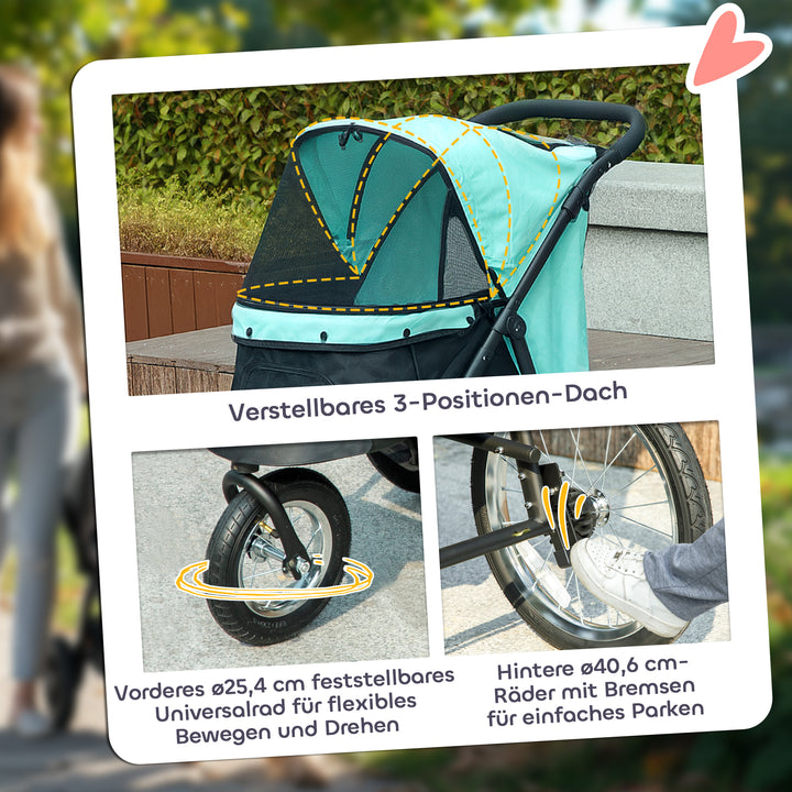 Hundevogn, kæledyrsvogn til små hunde og katte, med opbevaringskurv, sammenklappeligt design med et klik, turkis