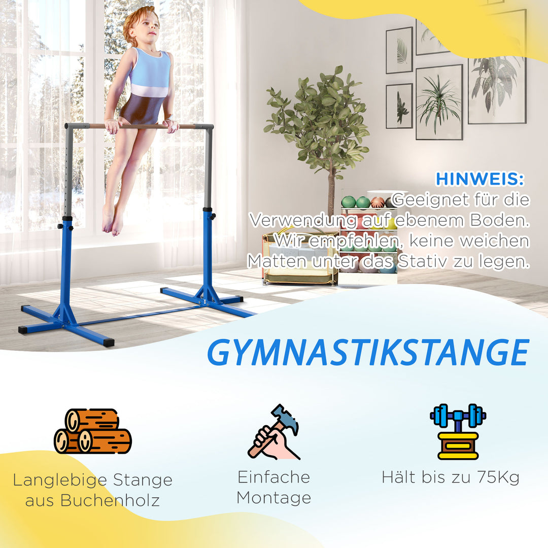 Gymnastikstang, 13 niveauer højdejusterbar, træ- og robust stålkonstruktion, lasteevne op til 75 kg, til 3+ børn, indendørs/udendørs, blå