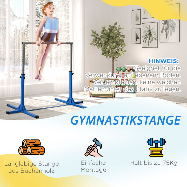 Gymnastikstang, 13 niveauer højdejusterbar, træ- og robust stålkonstruktion, lasteevne op til 75 kg, til 3+ børn, indendørs/udendørs, blå