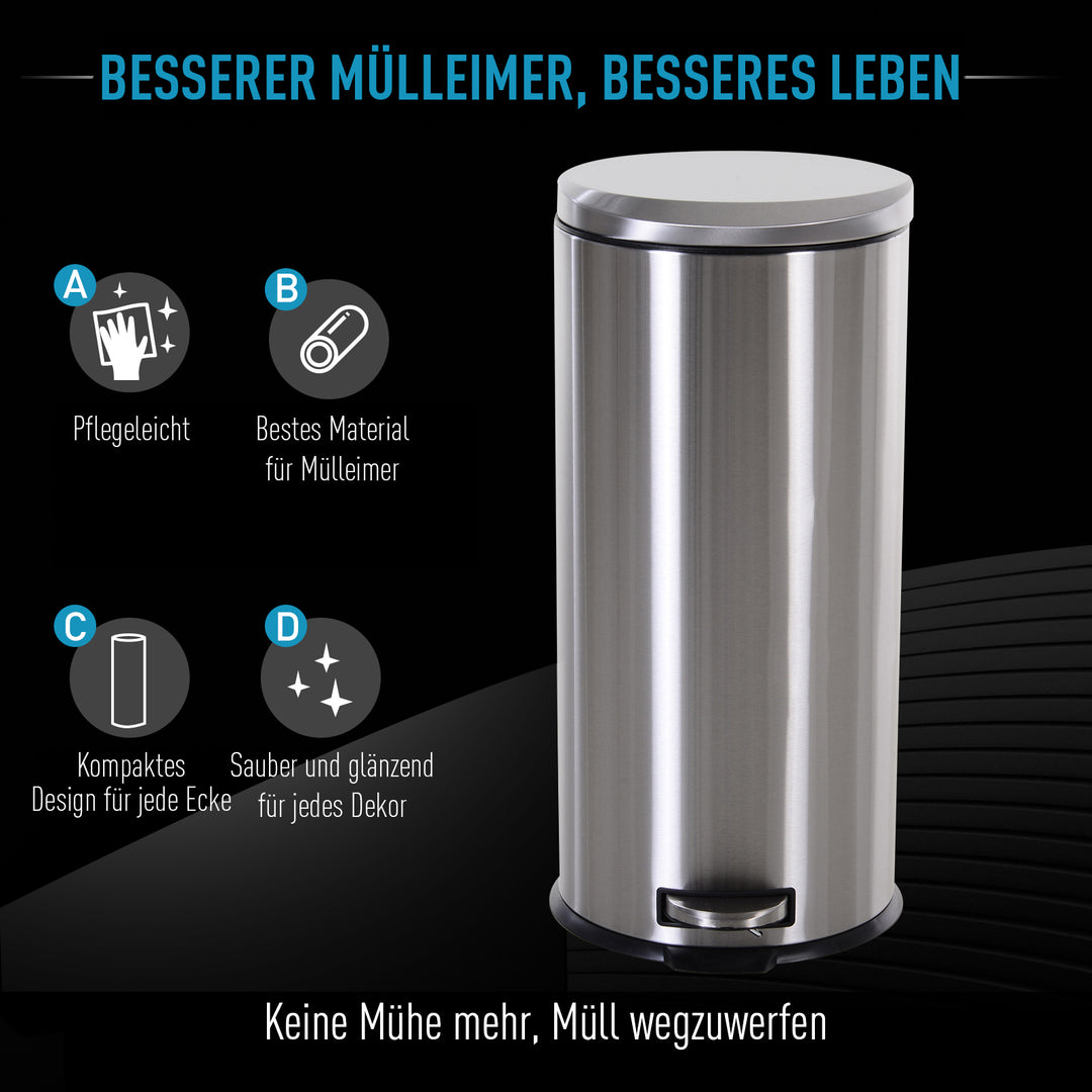 30L skraldespand, pedalspand i rustfrit stål, skraldespand med indvendig spand, skraldespand med låg og fodpedal, til stue, kontor, ø29,2 x 62,5 cm