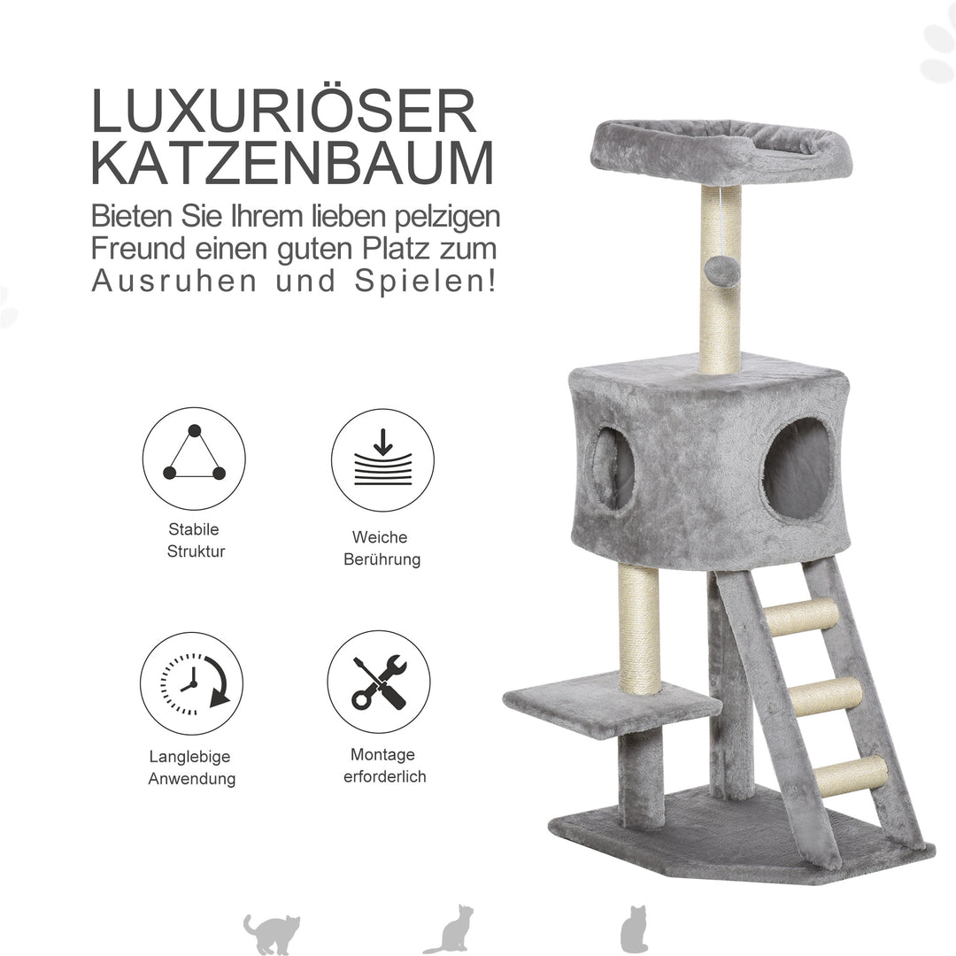 Kradsetræ 120 cm kattetårn med hule, legebold, sisalstolper, platform, trappe, kradsetræ i flere niveauer til katte, klatretræ til katte, lysegrå