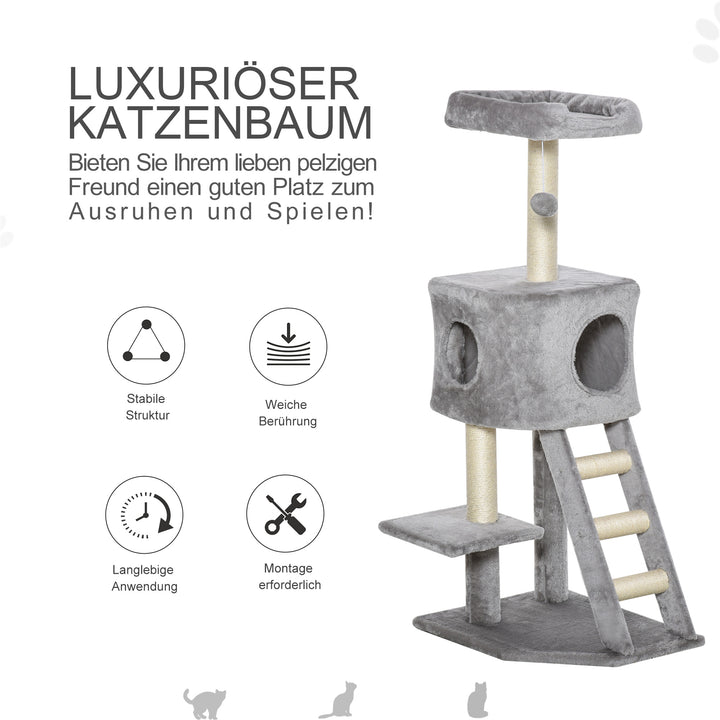 Kradsetræ 120 cm kattetårn med hule, legebold, sisalstolper, platform, trappe, kradsetræ i flere niveauer til katte, klatretræ til katte, lysegrå
