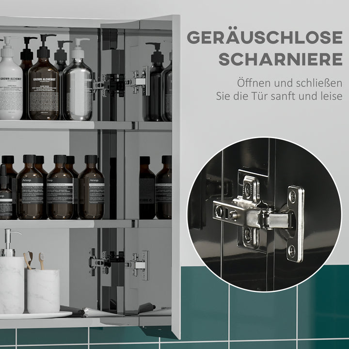 Spejlskab, badeværelsesskab, 2 spejldøre, 3 indvendige hylder, rustfrit stål, farve: sølv, 54 x 13 x 60 cm