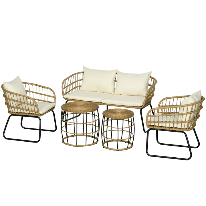 Rattan loungesæt udendørs siddegruppe, boho stil, 5-delt sæt, 145 x 70 x 78 cm, creme + natur + sort
