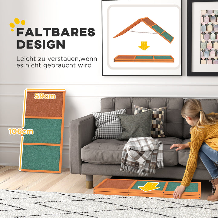 Agility hunderampe, sammenklappelig, justerbar højde, skridsikker, grantræ, op til 40 kg, 173 x 59 x 66 cm, orange/grøn