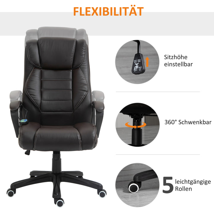 Kontorstol med massagefunktion, højdejusterbar lederstol, ergonomisk drejestol, 6 vibrationspunkter, brun