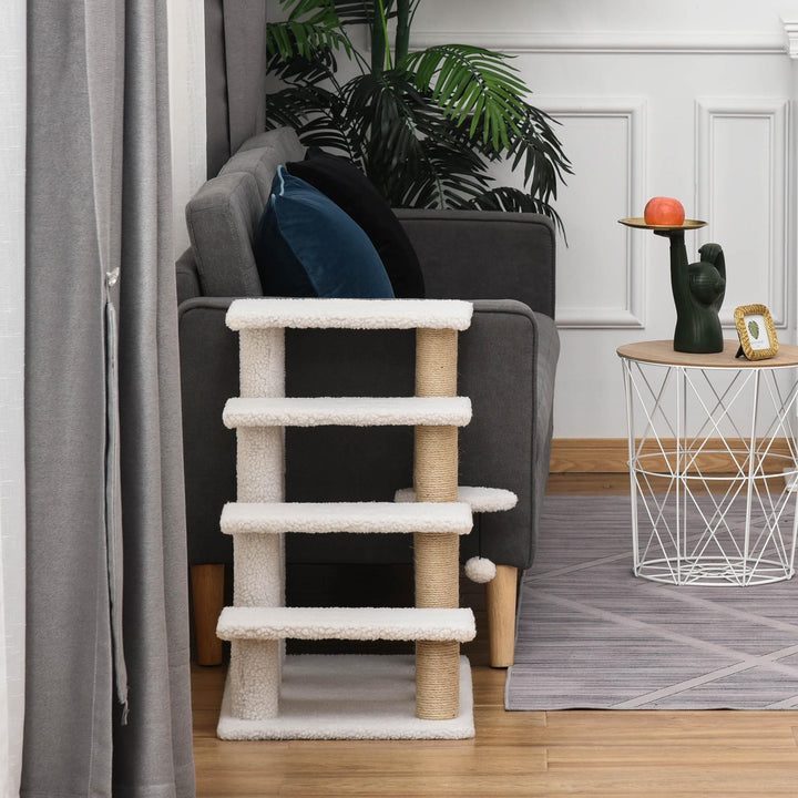 Kattetrappe 4-trins kæledyrstrappe med kradsetræer bold hundetrappe kæledyrstrappe til katte op til 5 kg plys jute hvid 60 x 40 x 64 cm
