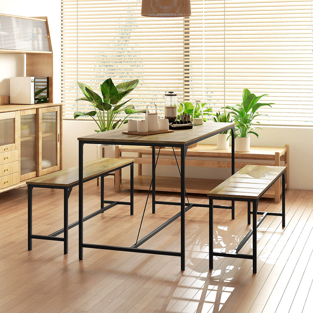 Spisesæt, bord og 2 bænke, industrielt design, stålstel, trædekor/sort