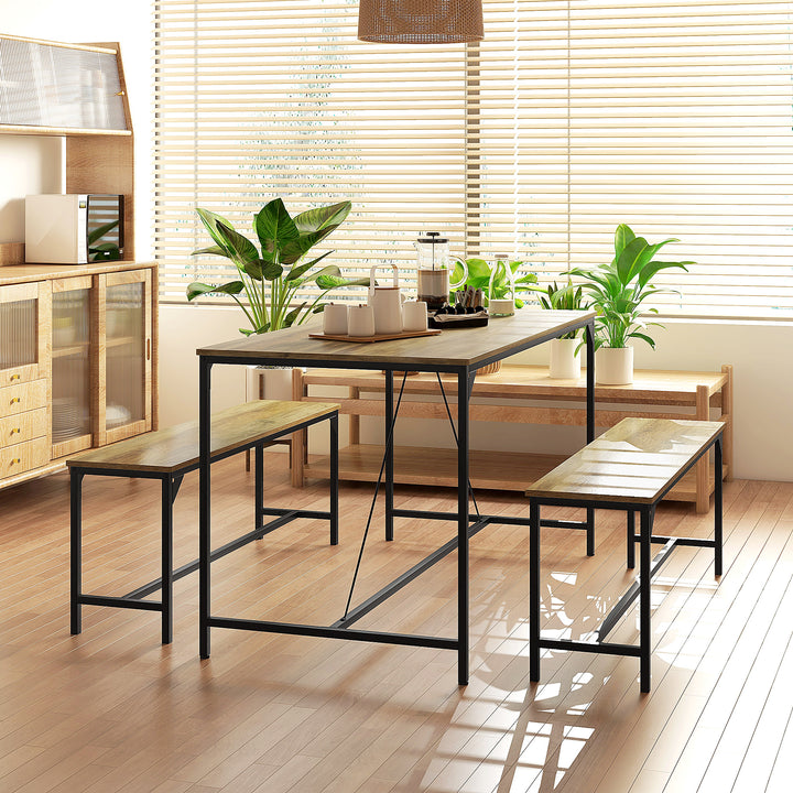 Spisesæt, bord og 2 bænke, industrielt design, stålstel, trædekor/sort