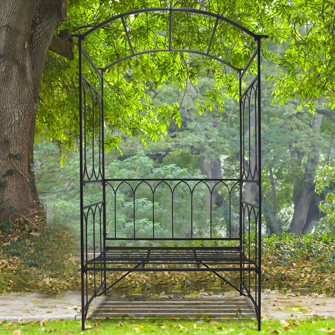 Rosenbue med bænk, rosenbænk, lysthusbænk, filosofbænk, espalier, klatrehjælp, havebænk, metal, sort, 115 x 50 x 203 cm