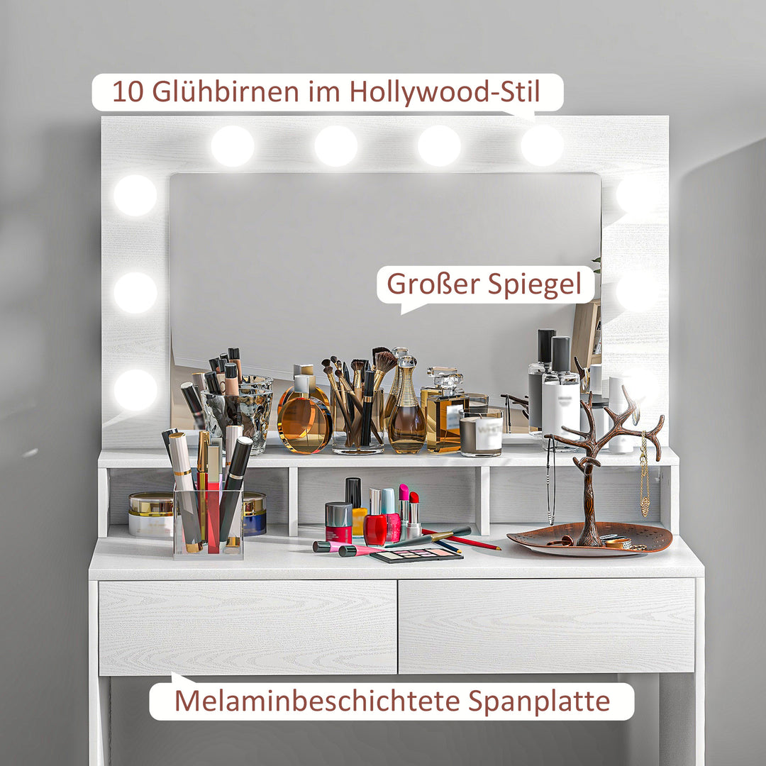 Toiletbord med oplyst spejl, skuffer, 3 belysningsmuligheder, 10 pærer, moderne sminkebord i hvid