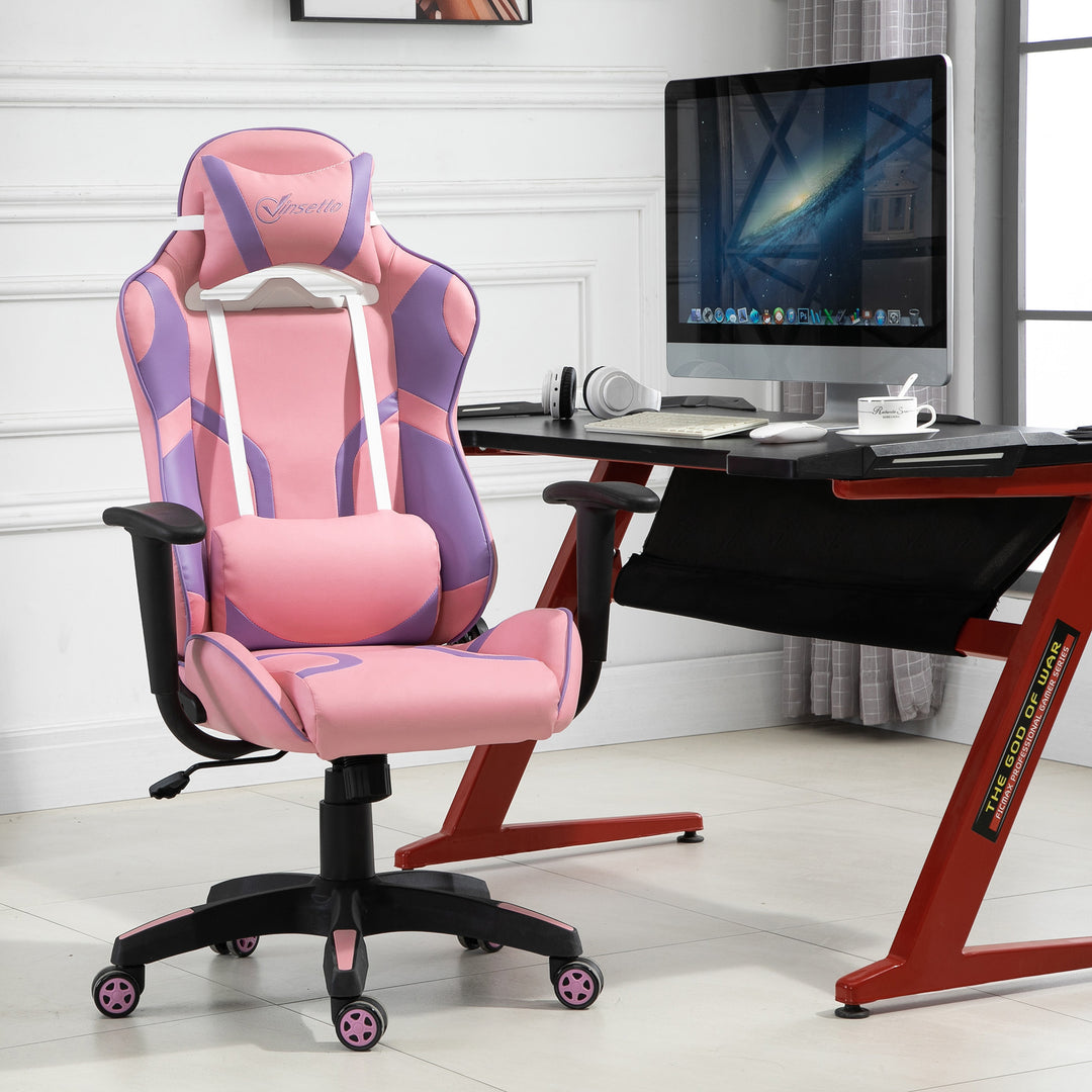 Ergonomisk gamingstol kontorstol drejestol justerbar massage lændepude højdejusterbar pink og lilla 69 x 56 x 125,5 cm