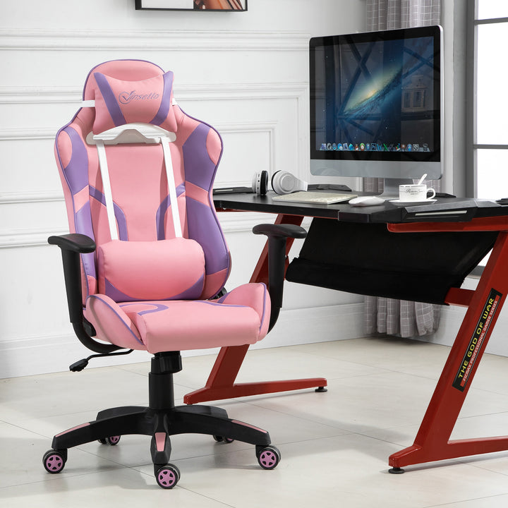 Ergonomisk gamingstol kontorstol drejestol justerbar massage lændepude højdejusterbar pink og lilla 69 x 56 x 125,5 cm