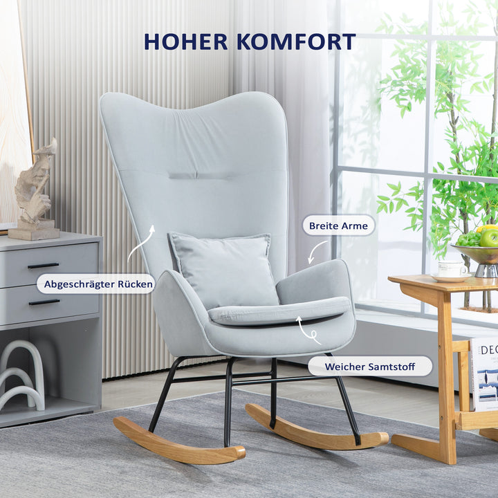 Gyngestol med blødt fløjlsbetræk og lændehynde, 67 x 85 x 112 cm, lysegrå