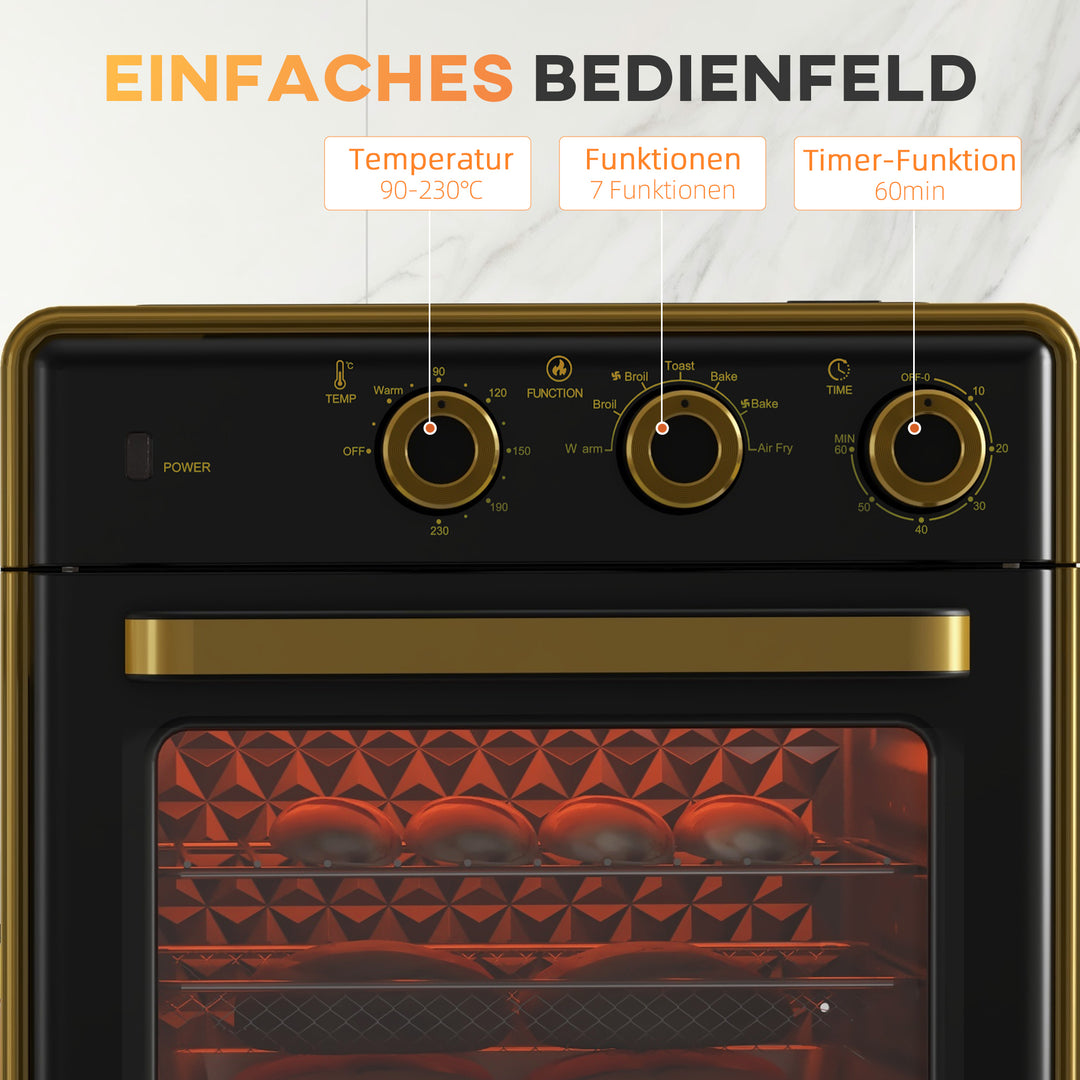 Miniovn, 20 liter, oliefri stegning, grillning, bagning, konvektion, 90-230° c, timer, 1400w, sort+guld
