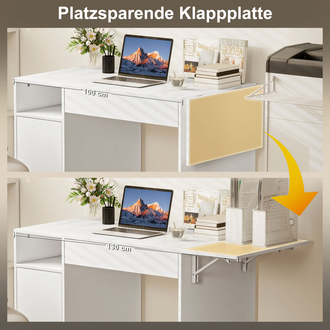 Computerbord med rullefunktion, klapbord med skab og skuffe, spånplade, hvid