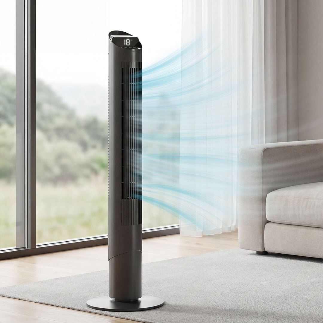 116 cm tårnventilator, standerventilator med fjernbetjening, WiFi-app-styring, 65° oscillation, 6 hastigheder, 4 tilstande