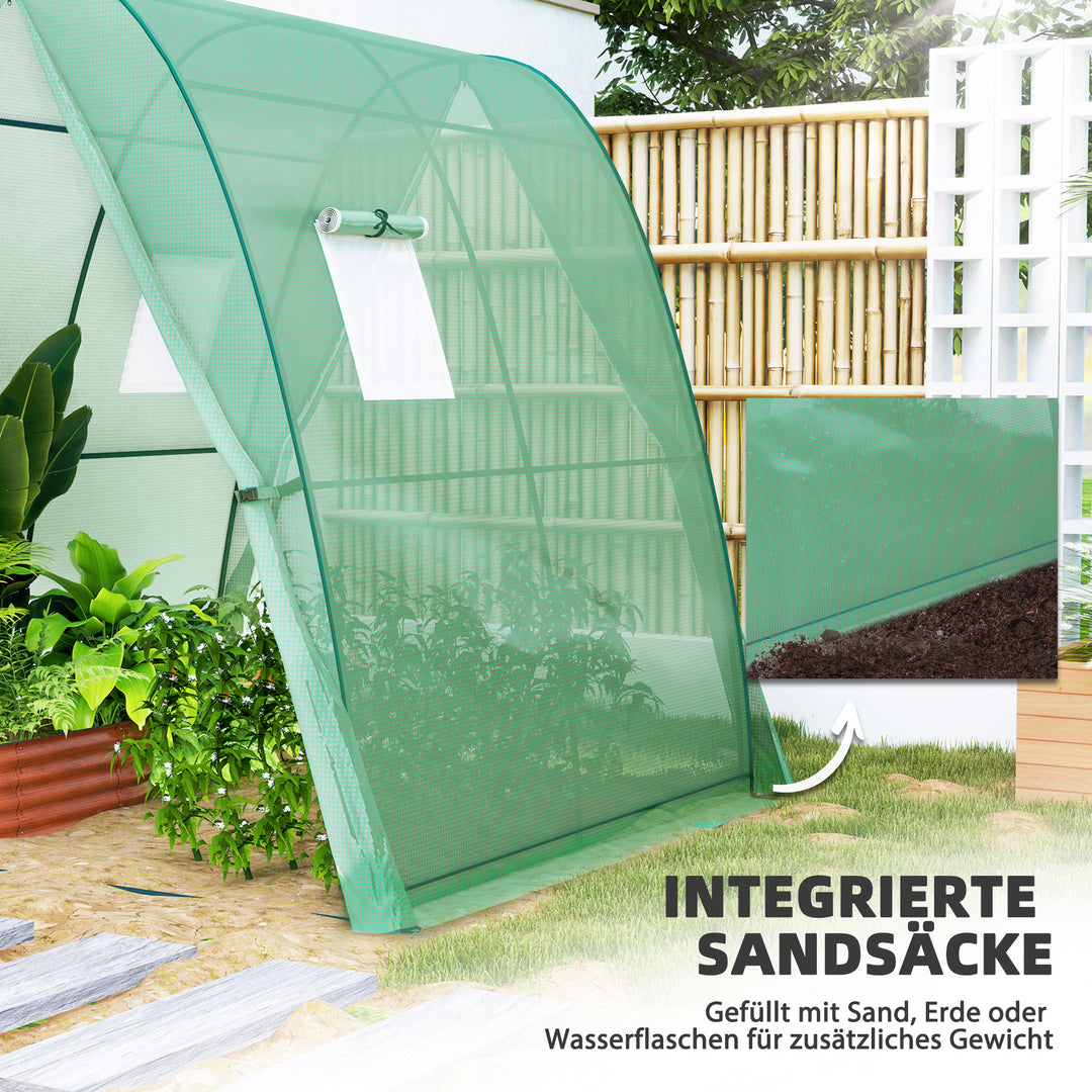 Buet drivhus med sandsække og plastikdække, 2 rulledøre, trådnetvindue, bærbart, 1,8 x 1,8 x 2 m, grønt