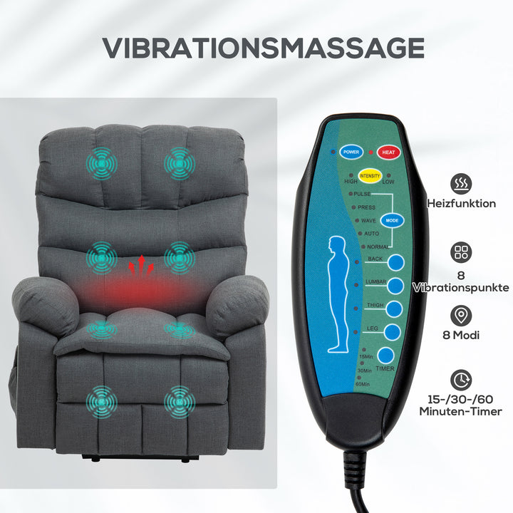 Elektrisk lænestol med massagefunktion, polstret stol med ståfunktion, metal, stof, grå