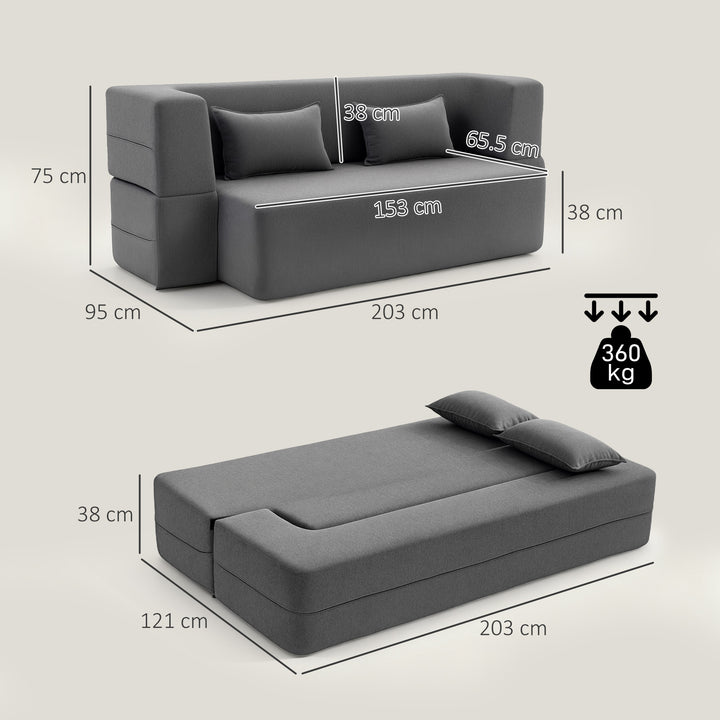 2-personers skumsovesofa, sovesofa med brede armlæn, 2 hynder, 360 kg lasteevne, grå